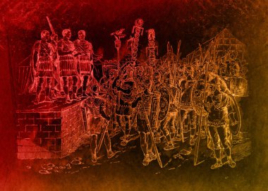 Romalı komutanlar askerlerini düşmana çağırırlar. Antik Roma 'nın tarihi resimleri, modern bir tasarım..