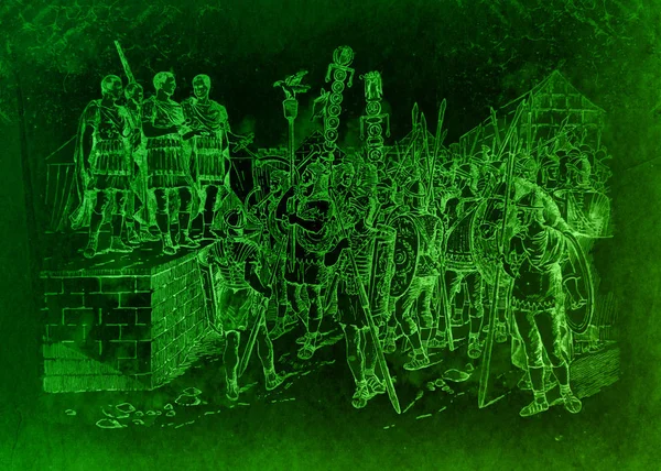Romalı komutanlar askerlerini düşmana çağırırlar. Antik Roma 'nın tarihi resimleri, modern bir tasarım..