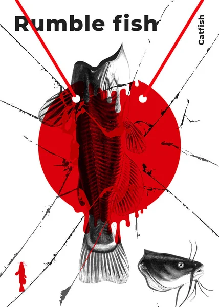 Cooking is like martial art with precision, beauty, and a thirst for blood. The red emblem with the fighting fish is exactly what will inspire you in the kitchen in 2020. Poster with catfish is suitable for restaurants. — Stock Image Cooking Martial Art Precision Beauty Thirst Blood Red Emblem Fighting Royalty Free Stock Images