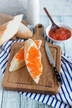 Ekmek dilimleri tereyağı ve kırmızı havyar ile