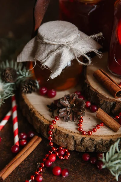 Mulled wine and jar of honey