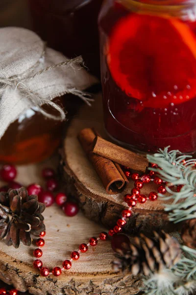Mulled wine and jar of honey