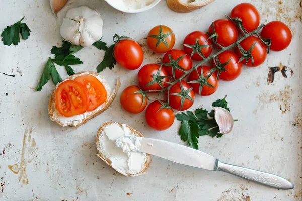 Sándwiches abiertos de tomate y queso y tomate — Foto de Stock