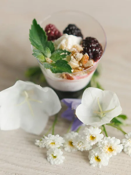 Grecki Jogurt Pitai Orzechy Mięty Jeżyny Górze Kwiatów Wokół Powierzchni — Zdjęcie stockowe
