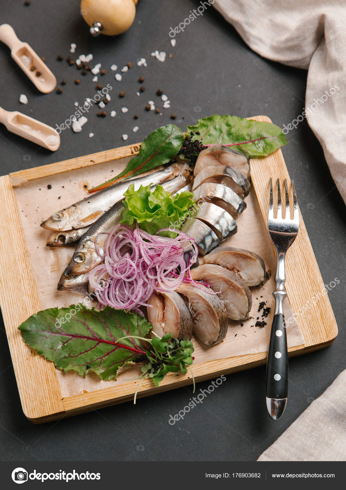 Sliced Served Onion Coils Wooden Chopping Board Stock Photo by