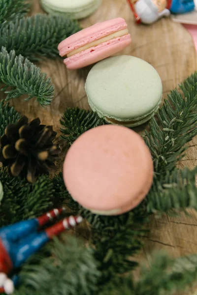 Close View Colorful Macarons Wooden Desk Fir — Stock Photo, Image