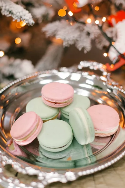 Close View Holiday Composition Macarons Silver Tray Blurred Background — Stock Photo, Image