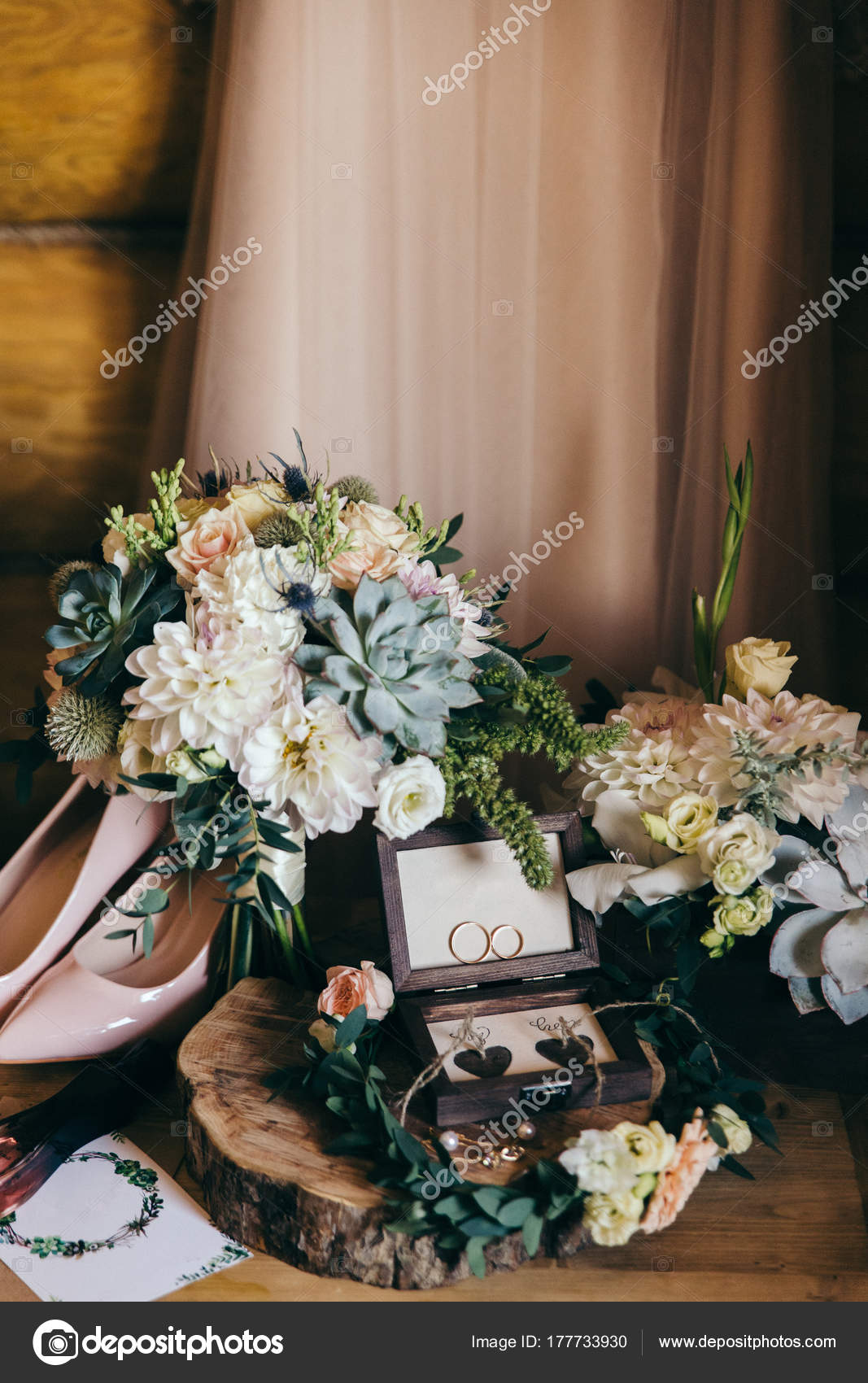 Wedding Composition Bouquet Rings Country Style Stock Photo