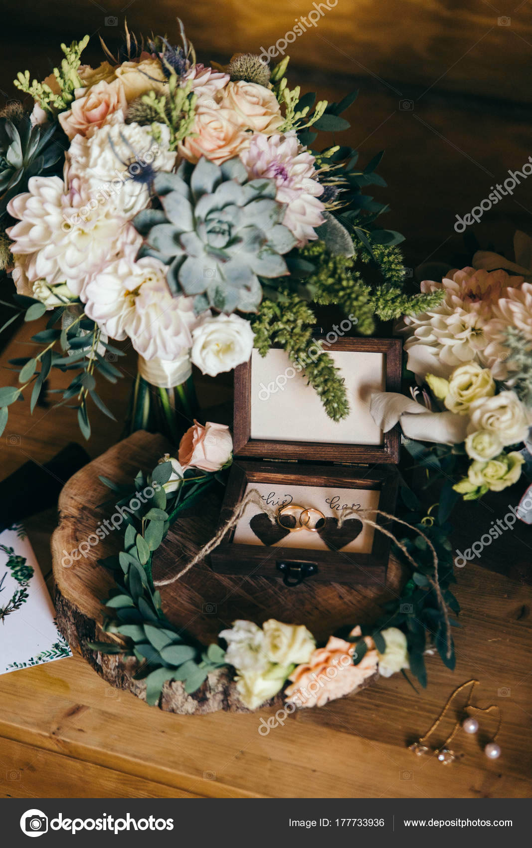 Close Wedding Composition Bouquet Rings Country Style Stock