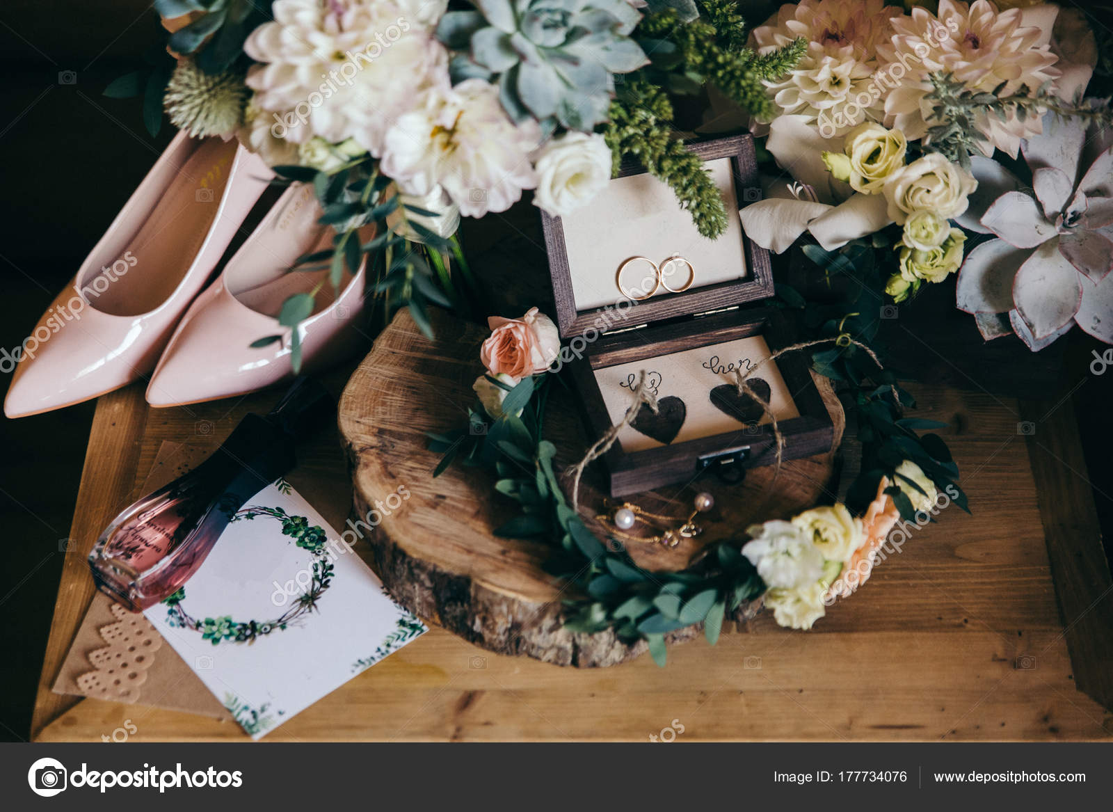 Angle View Wedding Composition Bouquet Rings Country Style Stock