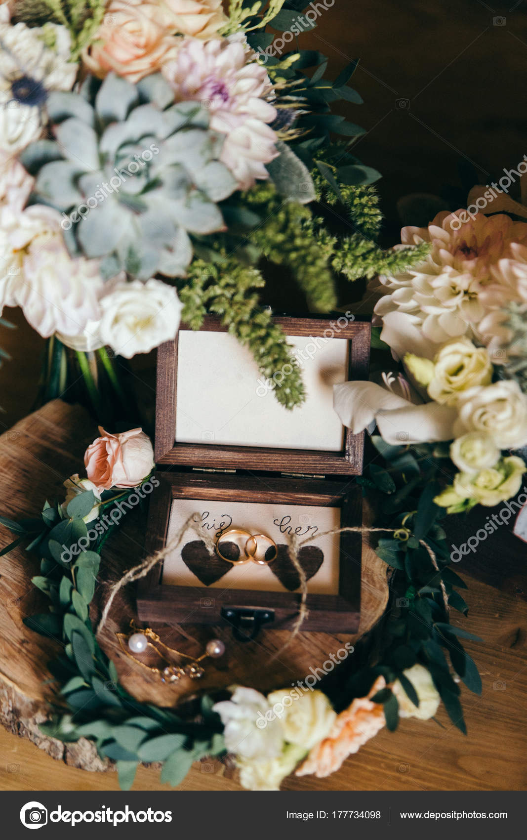 Close Wedding Composition Bouquet Rings Country Style Stock