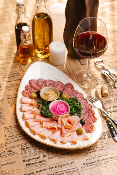 Meat Platter Served Mustard Beet Horseradish Decorated Parsley Olives — Stock Photo, Image