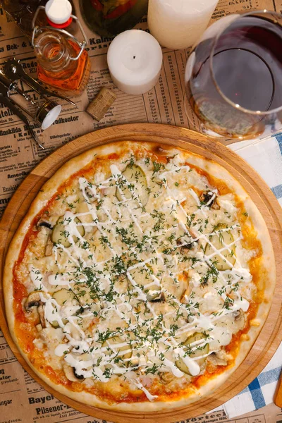 Pizza Mozzarella Mushrooms Pickles Mayonnaise Sauce Dill Top — Stock Photo, Image