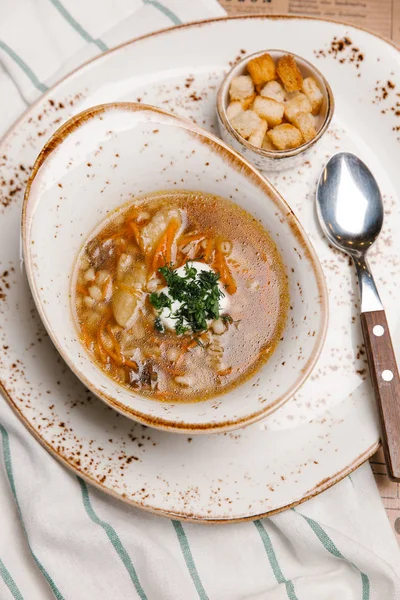 Haricot Soup Sour Cream Parsley Served Croutons — Stock Photo, Image