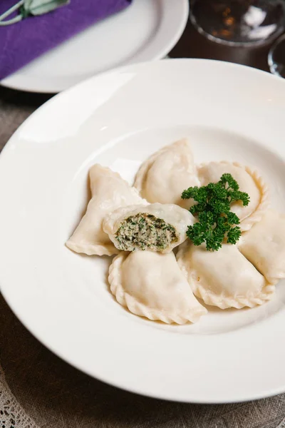 Ukrainian Varenyky Chicken Mince Herbs Served White Plate — Stock Photo, Image