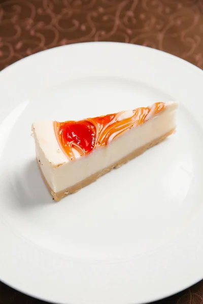 Delicious Cheesecake Fruit Syrup Served White Plate — Stock Photo, Image