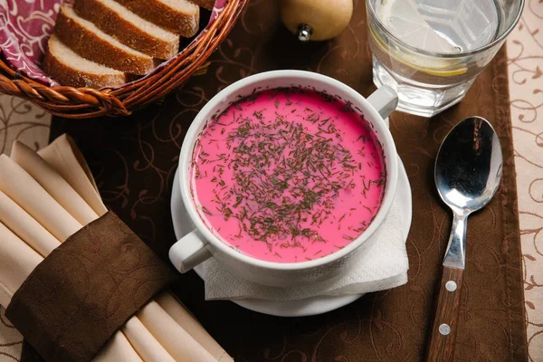 Beetroot soup with sour cream and chopped dill — Stock Image Beetroot Soup Sour Cream Chopped Dill Stock Image