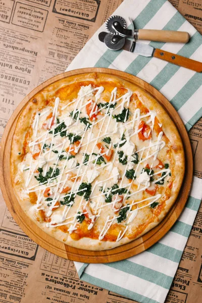 Pizza Tomatoes Herbs Mayonnaise Sauce Top — Stock Photo, Image