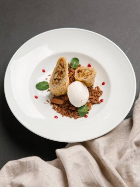 dondurma topu ve kızılcık sosu ile servis hamur kızarmış elma destekli