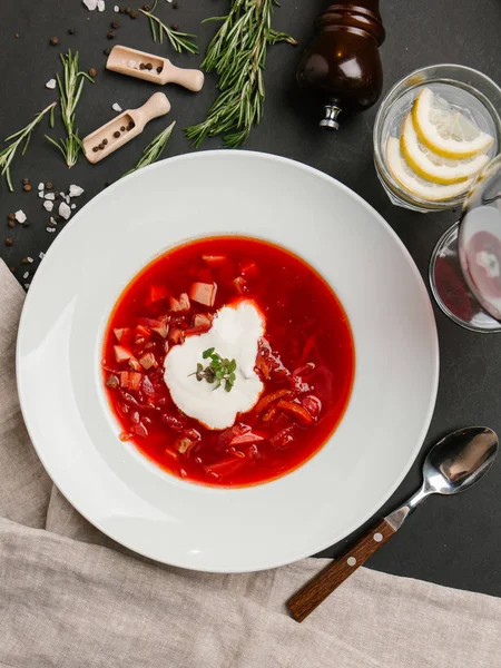 Traditional Ukrainian Borshch Served Sour Cream — Stock Photo, Image