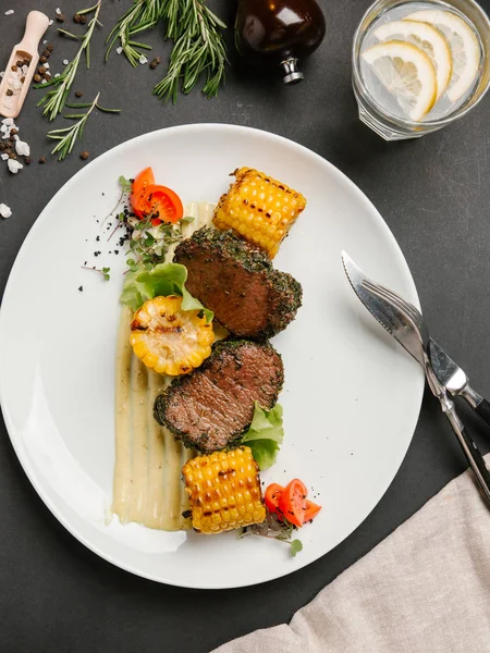 Pieces Rib Eye Steak Served Corn Pieces — Stock Photo, Image