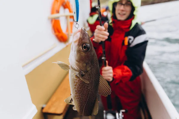 Close View Young Male Fisherman Holding Fish — Stock Photo, Image