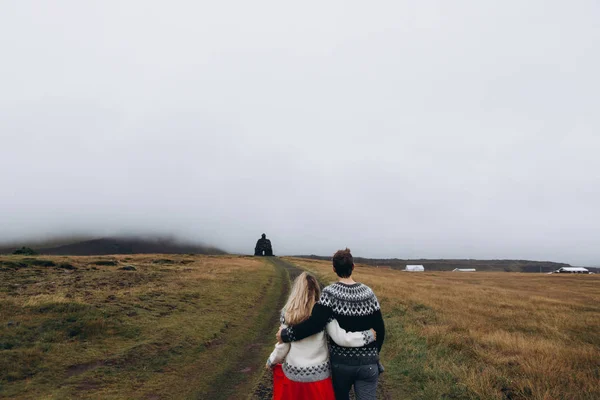 草原を抱いてニットのセーターを着ている若いカップルの背面図 — ストック写真