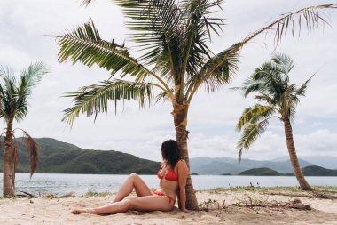 Avuç içi yakınındaki kum üzerinde oturan ve dağlar arka plan üzerinde poz kırmızı bikini giyen kadın görünümünü.