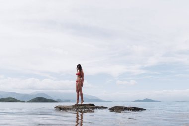 Deniz arka plan üzerinde poz kırmızı bikini giyen kadın yan görünüm.