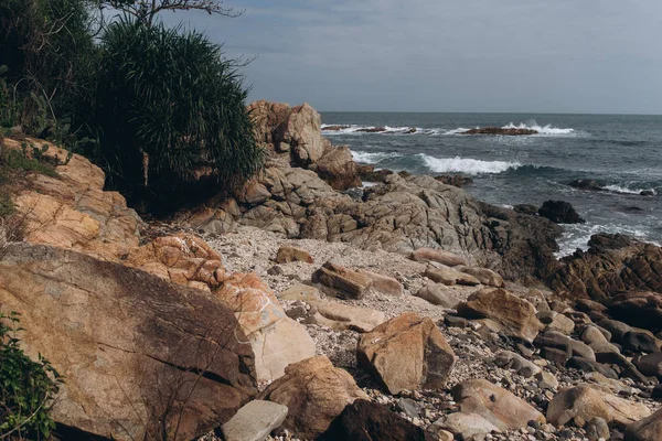 Kayalık Deniz Kıyısı Çalılar Görünümünü Arka Plan Üzerinde — Stok fotoğraf