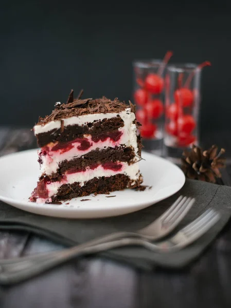 View Chocolate Cake Piece Cherries Yoghurt Filling Served White Plate — Stock Photo, Image