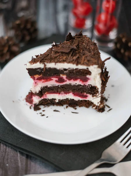 Closeup View Chocolate Cake Piece Cherries Yoghurt Filling Served White — Stock Photo, Image