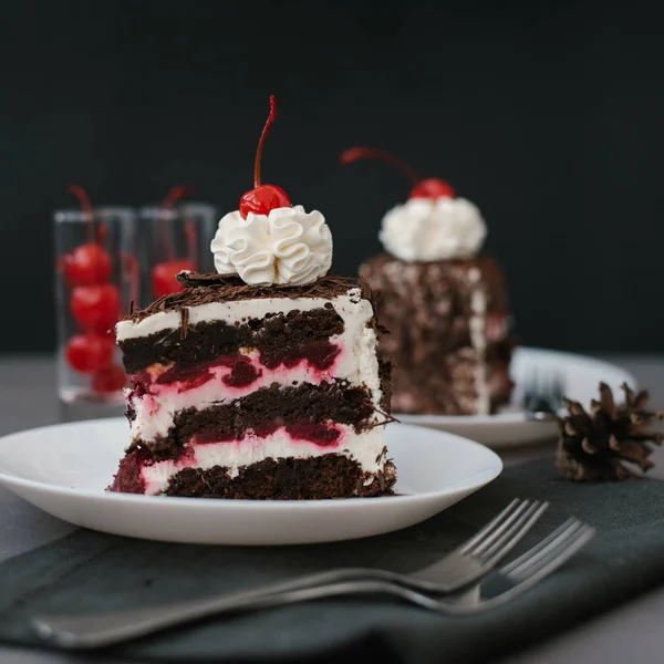 Nahaufnahme Von Dekorierten Schokoladenkuchenstücken Mit Kirschen Und Joghurtfüllung — Stockfoto