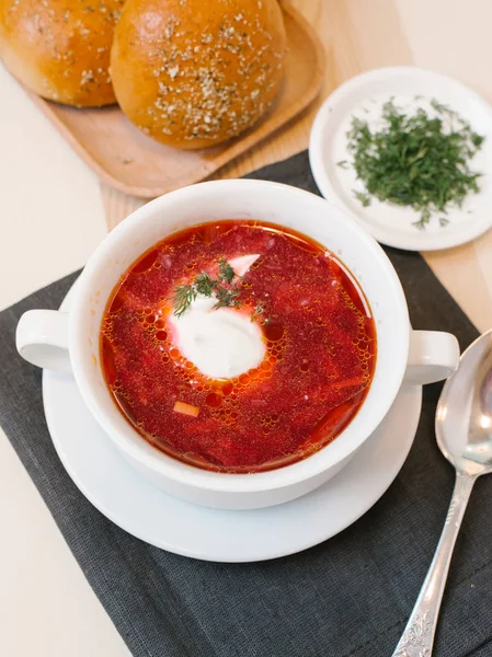 Ukrainian Borscht Served White Bowl Spoon Napkin Chopped Dill Sour — Stock Photo, Image