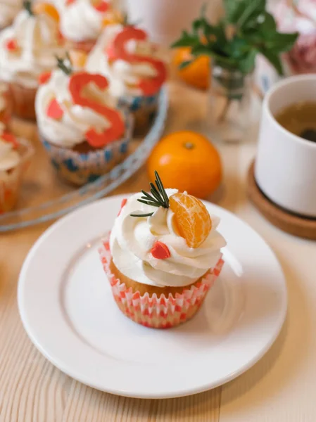 Closeup View Cupcake Tangerines Whipped Cream — Stock Photo, Image