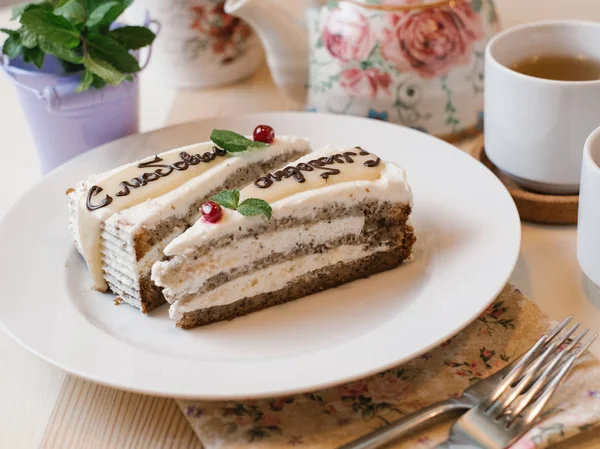 Close Two Pieces Cake Texting Served White Plate Tea Set — Stock Photo, Image