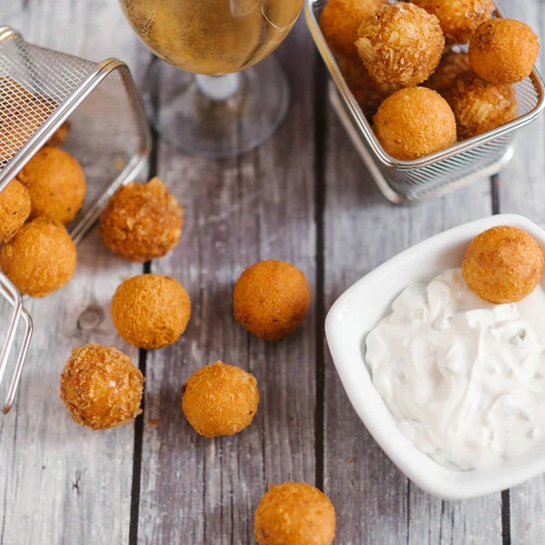 Top View Homemade Delicious Cheese Balls White Sauce Grey Wooden — Stock Photo, Image