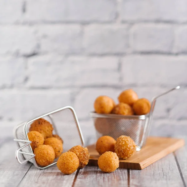 Close Homemade Cheese Balls Metal Box Wooden Board Grey Brick — Stock Photo, Image