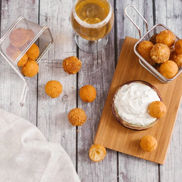 Close Frying Cheese Balls Sauce Beer Wooden Table — Stock Photo, Image