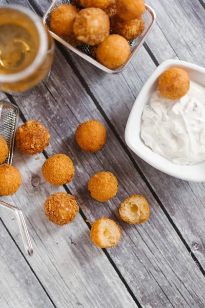 Top View Homemade Cheese Balls Beer Wood Table Background — Stok Foto