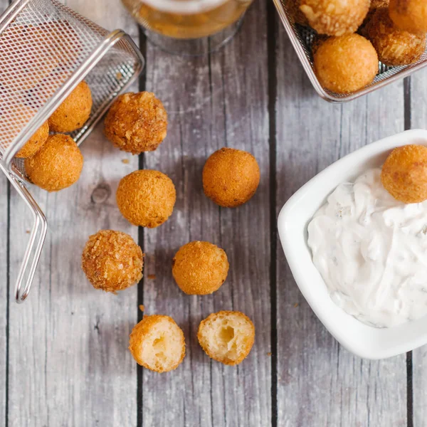 Top View Homemade Cheese Balls Sauce Grey Wooden Table Background — Stock Photo, Image