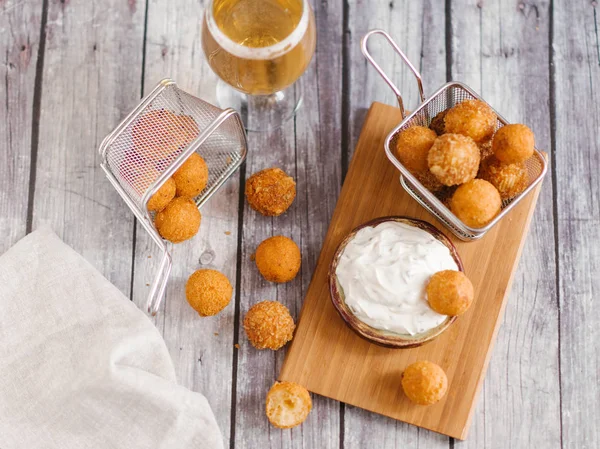 Close Frying Cheese Balls Beer Wooden Table — Stock Photo, Image