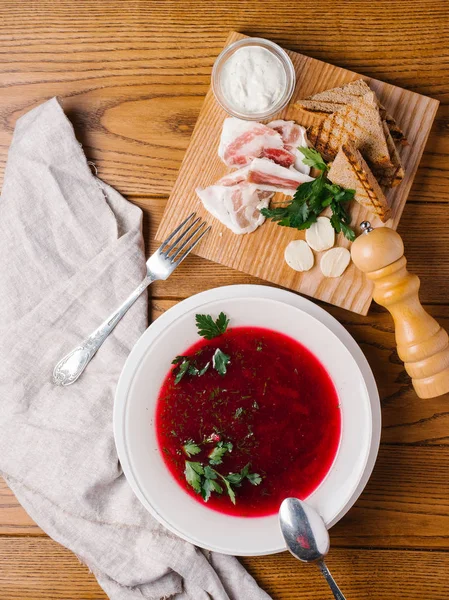 Closeup View Traditional Borscht Served White Bowl Parsley Spoon Fork — Stock Photo, Image