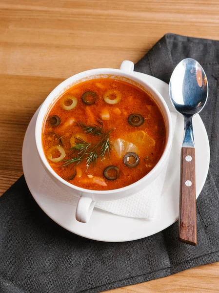Tomato Soup Olives Vegetables Lemon Slices Dill Served White Bowl — Stock Photo, Image