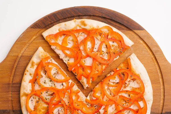 Closeup Pizza Com Molho Tomate Queijo Mussarela Presunto Pimentão Doce — Fotografia de Stock