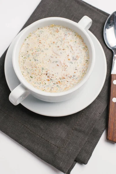 Aromatic Soup Cream Served White Bowl Dark Napkin Spoon — Stock Photo, Image