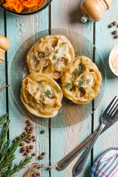 Closeup Manti Served Glass Dish Blue Wooden Table Knife Fork — Stock Photo, Image