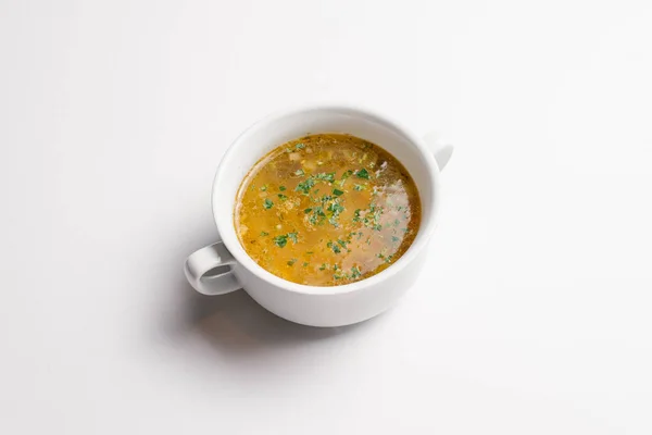 Chicken Soup Vegetables Chopped Parsley Served White Bowl Isolated White — Stock Photo, Image