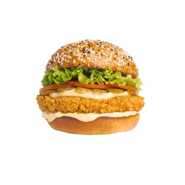 Marul, domates, turşu, peynir, tavuk schnitzel ve beyaz arka plan üzerinde izole mayonez çizburger closeup