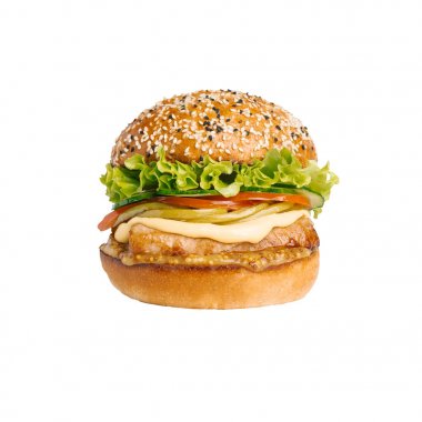 Marul, domates, salatalık, peynir, pastırma, mayonez, çizburger closeup Fransız hardal beyaz arka plan üzerinde izole